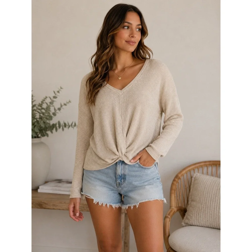 A. Byer Ribbed Knot Front Long Sleeve Top Medium Soft Stretch Casual Neutral